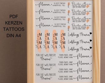 Mama Pink Mother's Day PDF Candle Tattoo Template A4 Candle Tattoos to Print Yourself for Waterslide Decals Candle Stickers DIGITAL FILE
