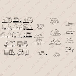 May include: Black and white line art illustrations of various campers, RVs, and tents. Text includes phrases like "Campers gonna camp," "Camping is where the adventure begins," and "Home is where we park it!"