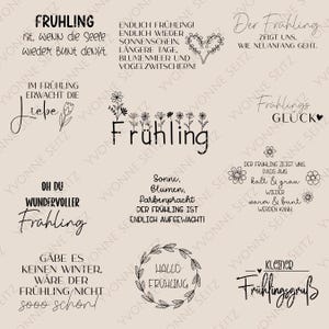 Könnte beinhalten: Eine Sammlung von schwarzen Schrift- und Blumendesigns auf beigem Hintergrund. Der Text enthält Sätze wie „Frühling“, „Liebe“ und „Hallo Frühling“. Die Designs eignen sich für Frühlingsbasteln und -dekoration.