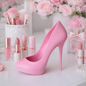 Puede incluir: Un zapato de tacón alto rosa claro es el punto focal de esta imagen, rodeado de productos de belleza. El tacón de aguja y la suela de plataforma son visibles. Barras de labios, brochas de maquillaje y frascos de perfume rosas completan la escena.