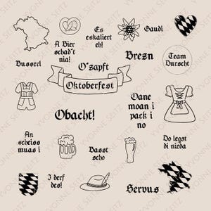Può includere: Uno sfondo beige con vari disegni a tratto nero relativi all'Oktoberfest. Include una mappa, un pretzel, boccali di birra, abiti tradizionali e frasi come "Oktoberfest" e "Brezn."