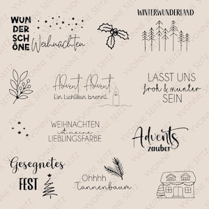 Peut inclure: Plusieurs dessins de Noël en noir sur fond beige. Les motifs comprennent du texte tel que "Winter Wonderland", "Advent" et "Christmas", ainsi que des illustrations d'étoiles, d'arbres et d'une maison.