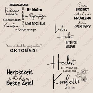 Könnte beinhalten: Eine beige Hintergrund mit verschiedenen schwarzen Textphrasen und Wörtern, die mit dem Herbst in Verbindung stehen. Sätze sind "Oktober!", "Herbstzeit ist die Beste Zeit!" und "Herbst ist, wenn die Bäume mit Konfetti werfen."