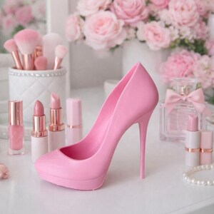 May include: A pink high-heeled shoe is the focal point of this image, surrounded by beauty products. Makeup brushes, lipsticks, nail polish, and perfume are arranged on a white surface. A bouquet of pink roses is in the background, creating a feminine aesthetic.