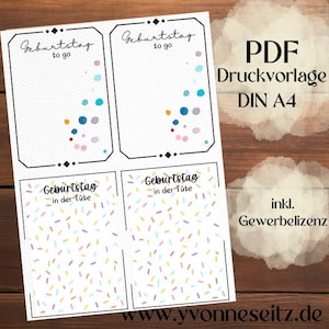 PRINT DRUCKVORLAGE PDF Verpackung Kleinigkeiten Geschenkkarte 2Designs Geburtstag to go und Geburtstag in der Tüte Printable zum ausdrucken