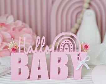 STL 3D print file: Gift idea lettering "Hello Baby" gift idea for birth, with holes for flowers. 3D print file