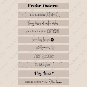 Puede incluir: Un conjunto de ocho tarjetas de felicitación de Pascua imprimibles con varios mensajes de Pascua en texto negro sobre un fondo marrón claro. Los mensajes incluyen "Frohe Ostern", "Ein kleiner Ostergruß", "Bunny kisses & easter wishes", "zauberhafte Ostern", "Some bunny loves you", "Kleiner Ostergruß", "Hasen Grüße", "Ei like you", "Hey Hase" y "Liebste Grüße vom Osterhasen".