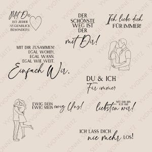 Op de afbeelding: Een verzameling zwarte scriptzinnen en lijntekeningen op een beige achtergrond. Zinnen zijn onder meer "Mit Dir", "Ich liebe dich für immer!" en "Einfach Wir."