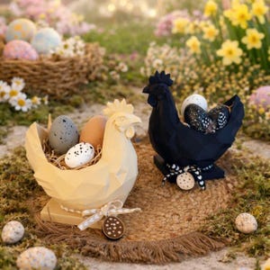 Archivo de impresión 3D STL, cesta de Pascua, tazón, gráfico, pollo, gallo geométrico, archivo de impresión 3D escalable, primavera, elegante, decoración de primavera, escultura