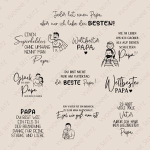 Könnte beinhalten: Eine Sammlung von Schwarz-Weiß-Illustrationen und Texten auf beigem Hintergrund. Der Text enthält Sätze wie „Bester Papa“, „Super Papa“ und „Alles Gute zum Vatertag“. Die Illustrationen zeigen Väter mit ihren Kindern.