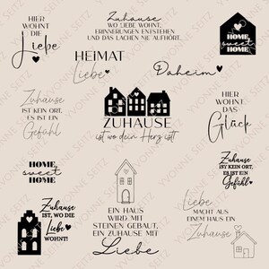 May include: A selection of black and white home-themed designs featuring house silhouettes and text. The designs include phrases such as "Home Sweet Home" and German phrases like "Zuhause ist wo dein Herz ist" and "Liebe".