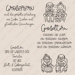 以下が含まれることがあります： ベージュ色の背景に、黒い線画のイラストとテキスト。イラストは、ソファやアームチェアに座っている老夫婦を描いています。ドイツ語のテキストには、「祖父母」という言葉と、愛と家族に関するフレーズが含まれています。