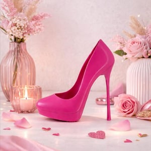 May include: A vibrant fuchsia high-heeled shoe with a platform sole, set against a backdrop of pink roses, vases, and a lit candle. The stiletto heel adds a touch of elegance to the overall composition. Decorative elements include heart-shaped confetti.