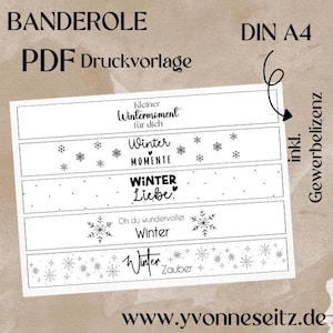 Op de afbeelding: Een witte PDF-sjabloon met winterthema tekst en sneeuwvlok illustraties. De tekst bevat zinnen als "Winter Moments" en "Winter Love". De sjabloon is gelabeld met "BANDEROLE" en "DIN A4".