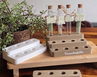 STL 3D print file in 3 sizes: Test tube rack (4, 8 and 12 tubes) for wish fulfillers, test tubes, spices, money gifts. 3D print file