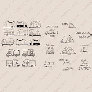 May include: A selection of black and white illustrations featuring caravans, campervans, and tents. Text includes phrases such as "Camping is life" and "Happy Camper". The background is beige.