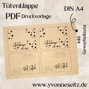 May include: Printable PDF template for creating gift bag tags. The template features four tags with a brown background and black clover designs. The text on the tags reads "Glücksbringer für dich" and "Viel Glück".