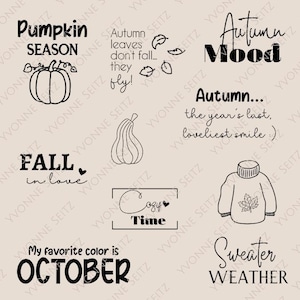 Op de afbeelding: Een verzameling herfstthema illustraties en tekst. Bevat een pompoen, bladeren, een trui met een blad en zinnen als "Pumpkin Season", "Autumn Mood" en "Sweater Weather". Het kleurenpalet is neutraal met zwarte tekst.