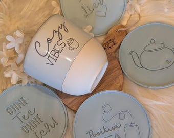 Fichier STL pour impression 3D : sous-verres « Tea Love », 6 modèles pour tasses à thé, fichier 3D Positivitea, gabarit d'impression 3D