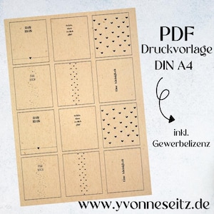 May include: A printable PDF template for creating gift tags. The template includes 12 tags with different designs, including hearts, text, and a blank design. The template is designed for printing on A4 paper and includes a commercial license.