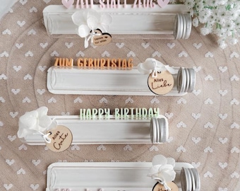 Archivo de impresión 3D STL para 4 soportes de cumpleaños para tubos de ensayo, vales o dinero, embalaje de regalo, archivo de impresión 3D para cumplidores de deseos