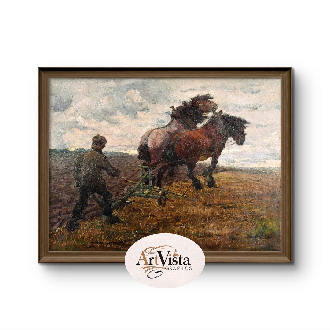 Farmer Plowing Field With Horses – Rustic Farm Scene Vintage Art Print ...