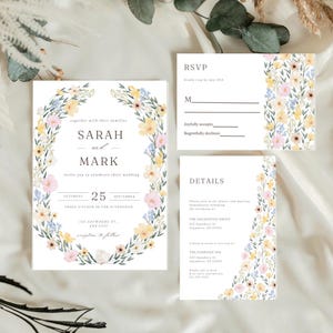 Convite de casamento de flores silvestres, conjunto de modelos de convite de casamento editáveis, download digital, código QR, RSVP online e por correio, cartão de detalhes