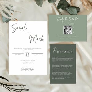 Sage Green Wedding Invitation Suite, Modern Minimal Invite Set with Details Card, Modern QR Code Rsvp, Editable Digital Templates Bundle