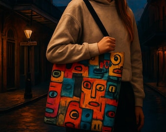 Abstract Face Art Canvas Tote Bag – Colorful Modern Shoulder Bag