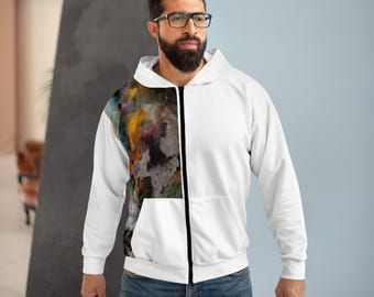 Sudadera con capucha y cremallera con estampado abstracto de salpicaduras de pintura y diseño asimétrico artístico de Music Andy Designs.