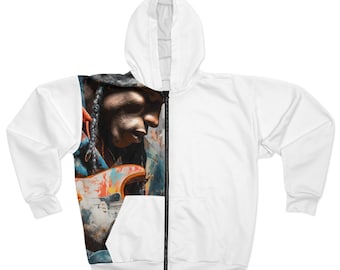 Felpa con zip e ritratto di chitarrista, felpa con zip intera per musicisti artistici AOP