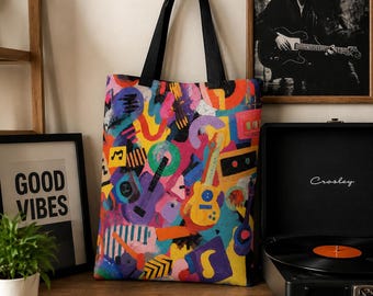 Colorful Guitar Music Tote Bag – Abstract Notes Shoulder Bag