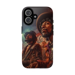 May include: Black phone case featuring a digital art print of two men in hats, looking upwards. The artwork has a vintage, concert-like aesthetic with warm tones and a blurred background. The case has a glossy finish and a black border.