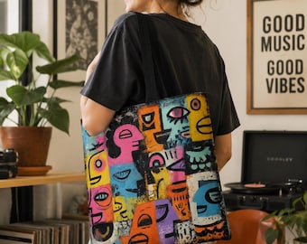Abstract Face Art Canvas Tote Bag – Colorful Modern Shoulder Bag