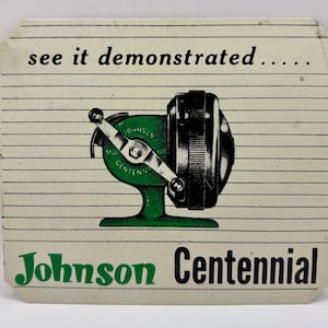 vintage metal Johnson Centennial fishing reel display sign