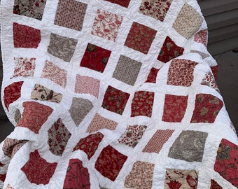 Bonheur De Jour Lap Quilt - Red and Cream Patchwork Moda