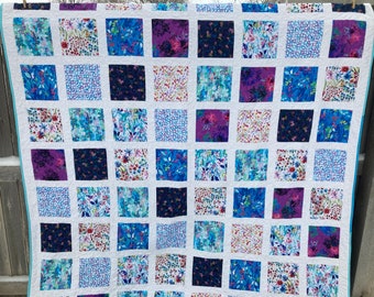 Watercolor Floral Queen Size Patchwork Quilt - Aqua/Purple