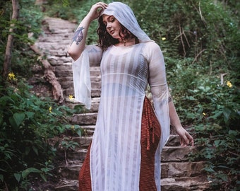 NEW: The "Tribal" Tunic Dress with Hood in WHITE Stripe Mesh Knit by Opal Moon Designs (size S-XXL)