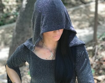 NEW: The "ChainMail Sparkle" Tunic Dress with Hood in Metallic Silver by Opal Moon Designs (size S-XXL)