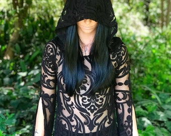 NEW: The "Black Queen" Tunic Dress with Hood in BLACK Baroque by Opal Moon Designs (size S-XXL)