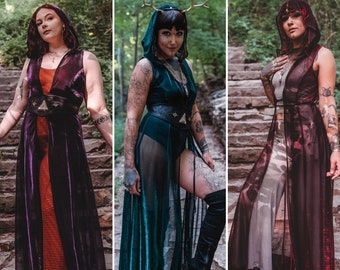 SALE: The "Sorceress Duster" Long Vest with Amulet on Hood in Red, Green or Purple Sheer Mesh by Opal Moon Designs (Sizes S- 3XL)