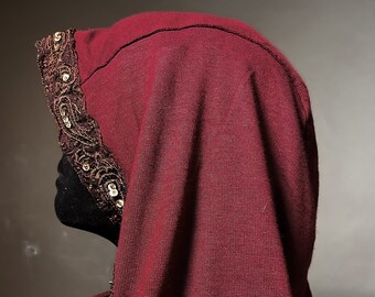 The Cowl Hood in Soft Red Knit with Brown Ornate Trim by Opal Moon (Unisex)