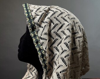 The Cowl Hood in Ivory Crochet Knit with Tribal Green Trim by Opal Moon (Unisex)