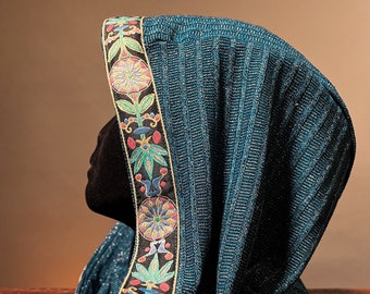 SPECIALTY: Cowl Hood in Metallic Blue Knit with Ornate Floral Trim by Opal Moon (Unisex)