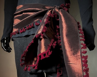 Rust/Red Sheen Hip Scarf, Head Wrap or Ritual Cloth with Red or Black Tassel Trim (One Size)