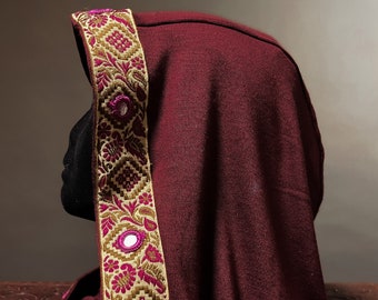 SPECIALTY: Cowl Hood in Soft Red Knit with Ornate Mirror Trim by Opal Moon (Unisex)