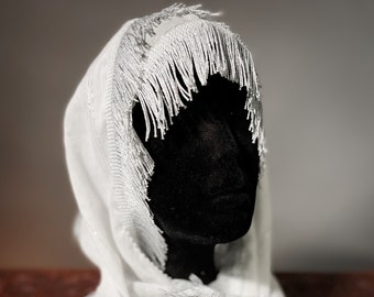 White Cotton w/Silver Stripe Hip Scarf, Head Wrap or Ritual Cloth with Silver Fringe Trim (One Size)