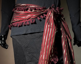 Rust Gold Stripe Hip Scarf, Head Wrap or Ritual Cloth with Red or Black Tassel Trim (One Size)