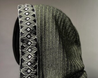 SPECIALTY: Cowl Hood in Metallic Green Knit with Tribal Green Trim by Opal Moon (Unisex)