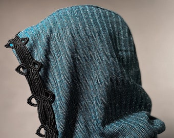 The Cowl Hood in Metallic Blue Knit with Black Ornate Trim by Opal Moon (Unisex)